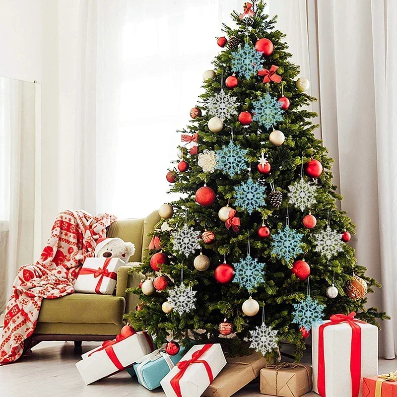 Pack Of 24/12/6 Pieces Snowflakes For Christmas Tree Decoration Blue Snowflakes With Bright Powder Winter Year Hanging Decor