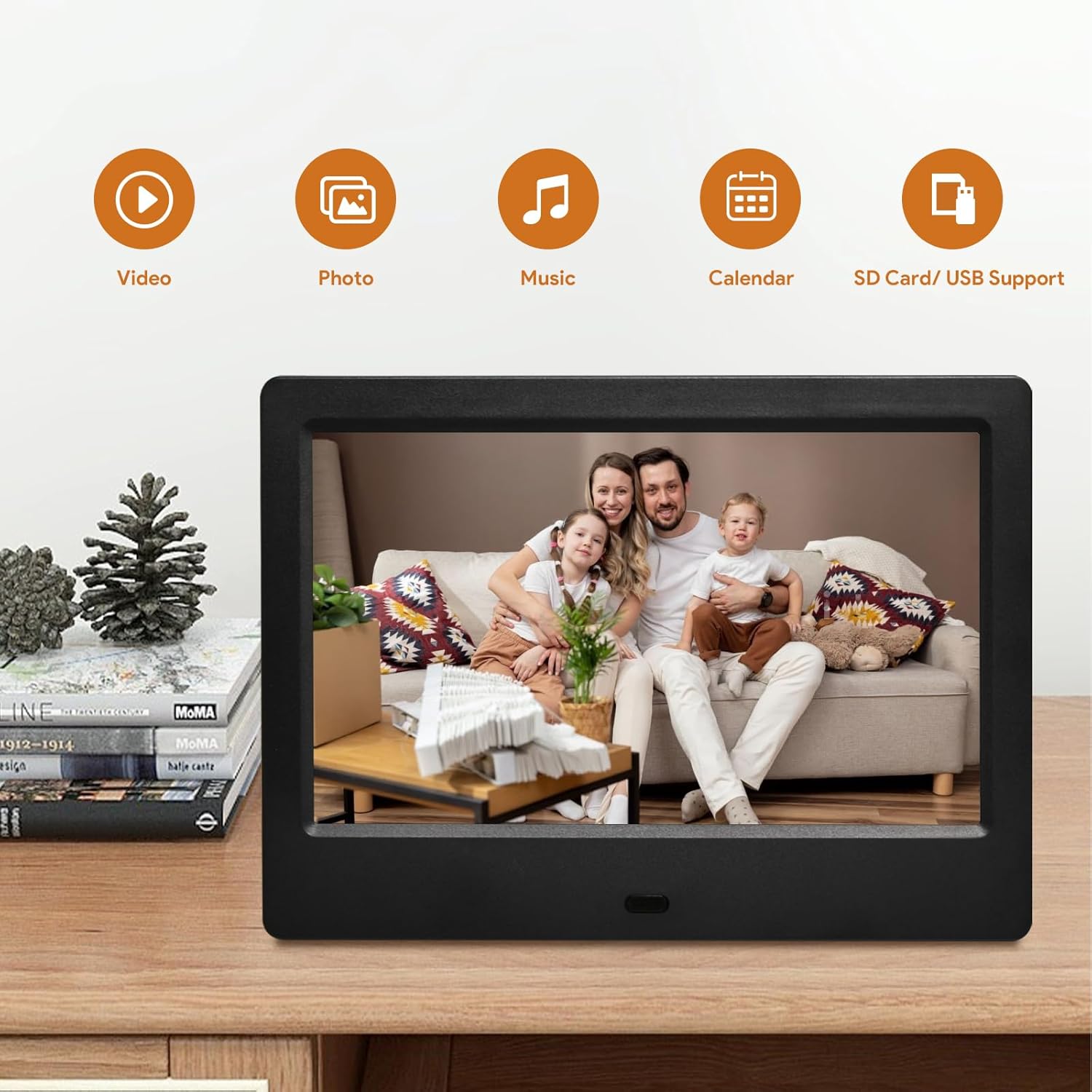 7 inch Digital Picture Frame, HD IPS Display Plug in USB or SD Electronic Photo Frame, With Remote Control, Video Music photo: EU Plug
