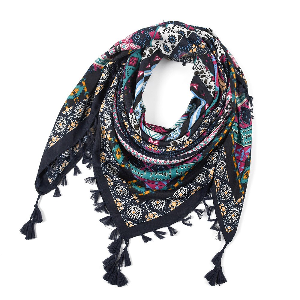 Sjaal Vrouwen Winter Bohemian Vierkante Zakdoek Sjaal Wrap Retro Patroon Kwastje Vrouwelijke Sjaal Grote 115Cm Katoen Foulard Bloemen: 35