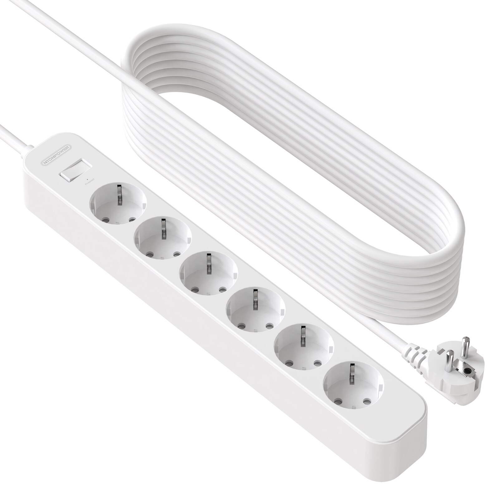 NTONPOWER Wall Mountable Power Strip, 5M Extension Lead with USB, EU Power Plug with Overload Protected Switch, for Home Office: 6AC Sockets 5 Meters