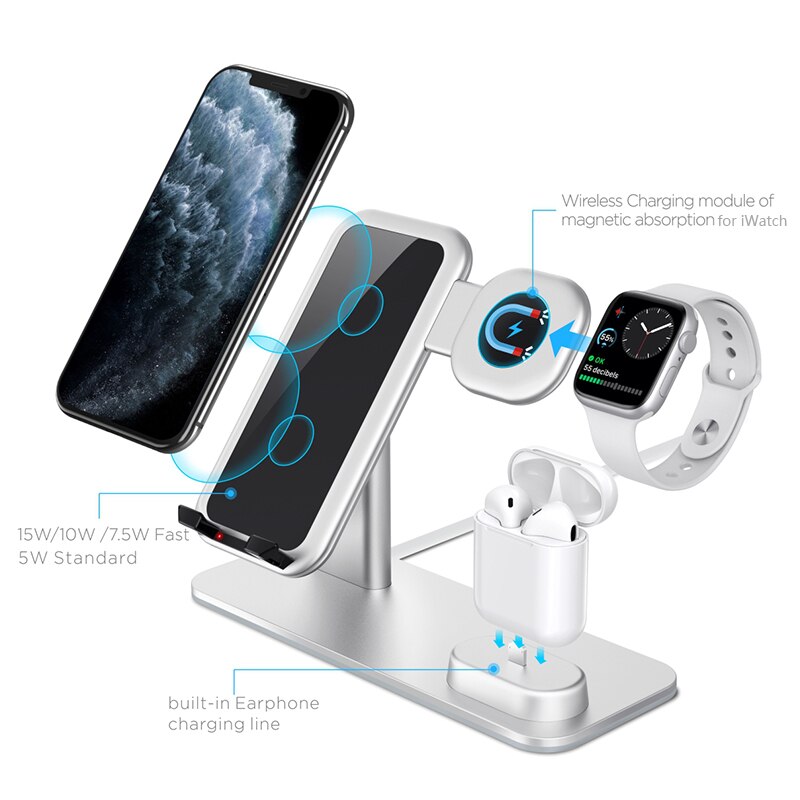 15W Aluminum 3 in 1 Wireless Charger Fast Charging For AirPods 2 iPhone 11 Pro Xs Max XR Charger Dock Holder For iWatch 5 4 3 2