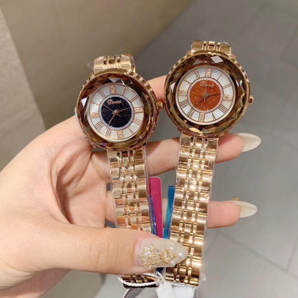 Noble bleu Anti décoloration pleine acier Bracelet montres femmes grande taille Montre neutre Quartz romain Montre-Bracelet à facettes cristaux Montre