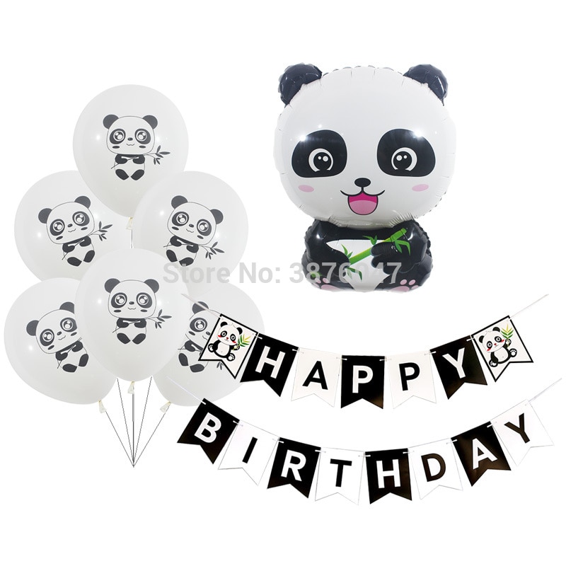 Panda happy birthday banners Kids cartoon panda party decorations black white birthday banners panda foil helium balloons