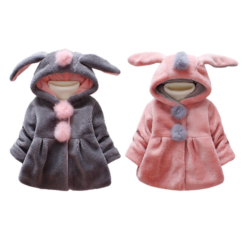 Winter Baby Girl Warm Coat Kids Clothes Thick Solid Color Long Ears Long Sleeve Hooded Jacket Autumn