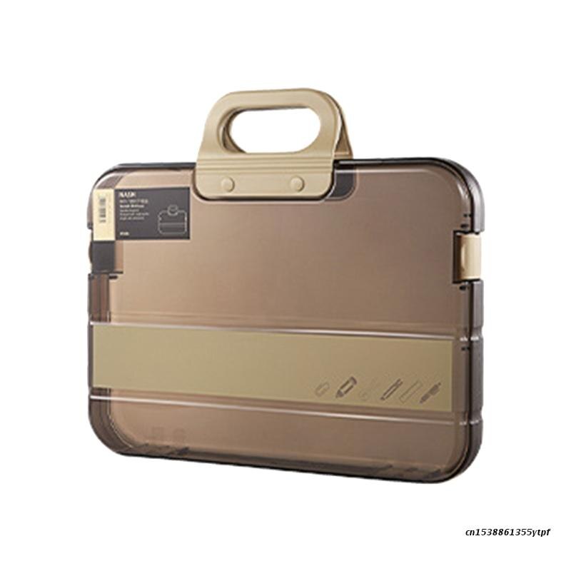 Portable File Box Plastic Transparent Pencil Case A4 Folder with Lock Handle Documents Bag Stationery Storage Case: Coffee