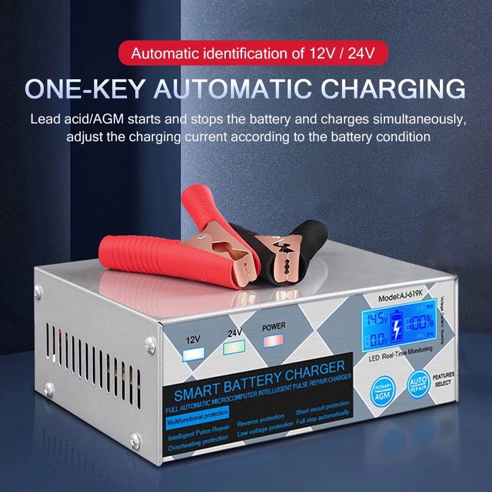 ANJING 12V 20A 24V15A Car Battery Charger 6-400AH Motorcycle Lead-acid Battery AGM Start-stop Charger Automatic Repair Charger