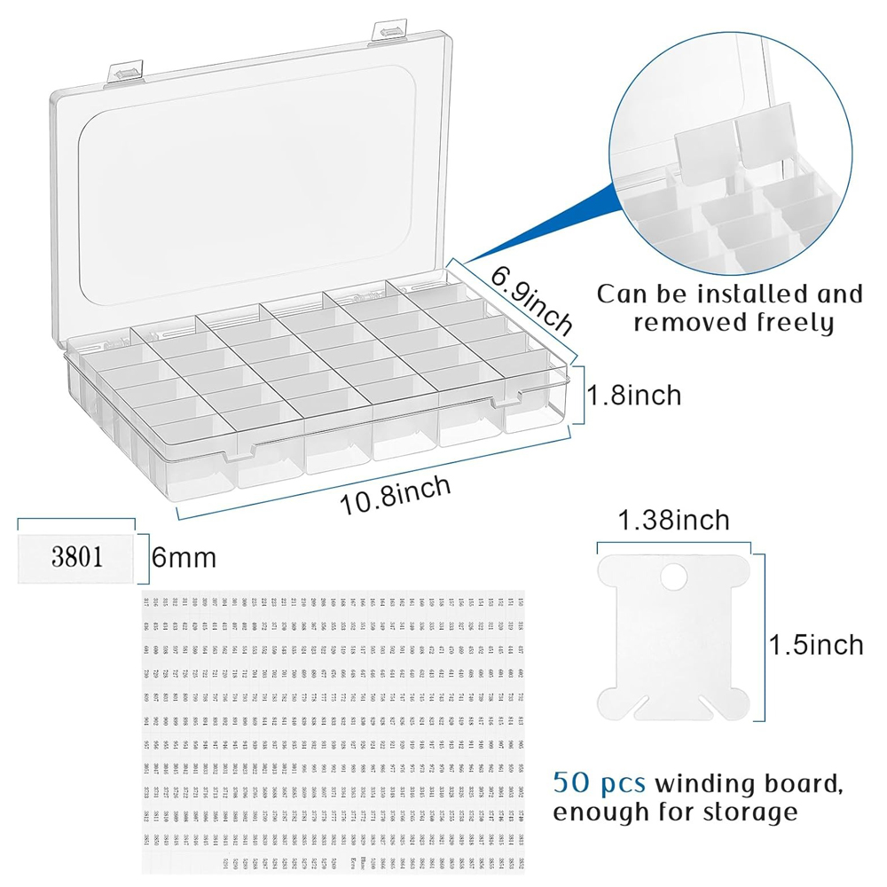 Embroidery Floss Organizer Box Set Compartments Cross Stitch Organizer Box & Plastic Floss Bobbins and Number Stickers for Sewin