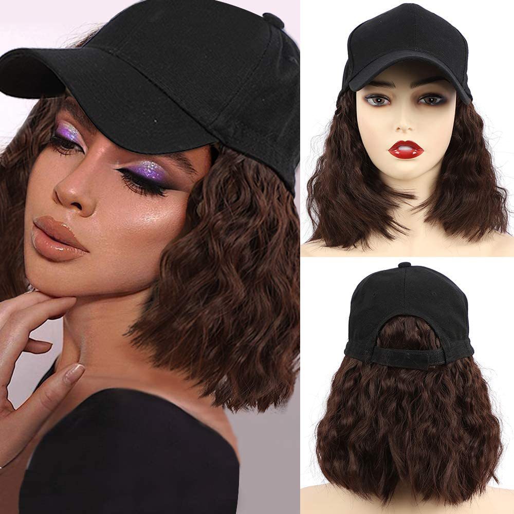 Pelucas de pelo ondulado rizado esponjoso sintético largo negro Difei con sombrero gorra de béisbol conectar naturalmente peluca de sombrero ajustable para mujeres: Castaño