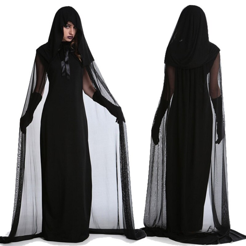 Femme Halloween sorcière grande taille robe longue Costume automne hiver robes noires avec chapeau et gants 1 set Vcqy