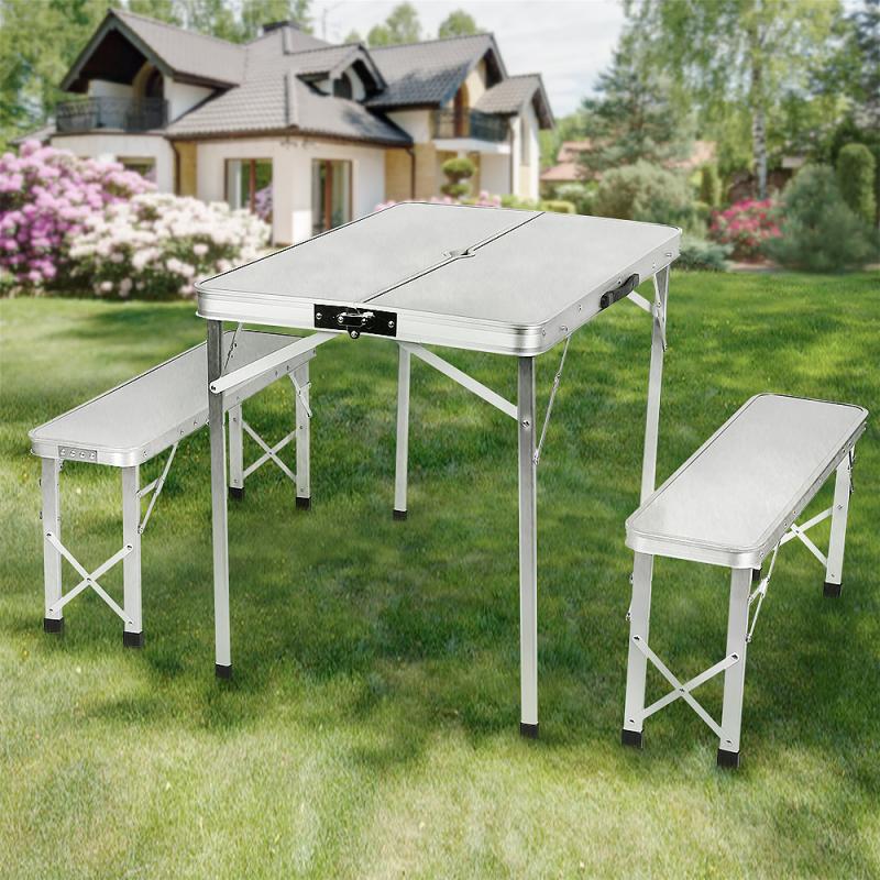 Udendørs klapbord sæt 2 bænk aluminiumsstole camping picnic bord vandtæt ultralet slidstærkt havemøbel sæt hwc