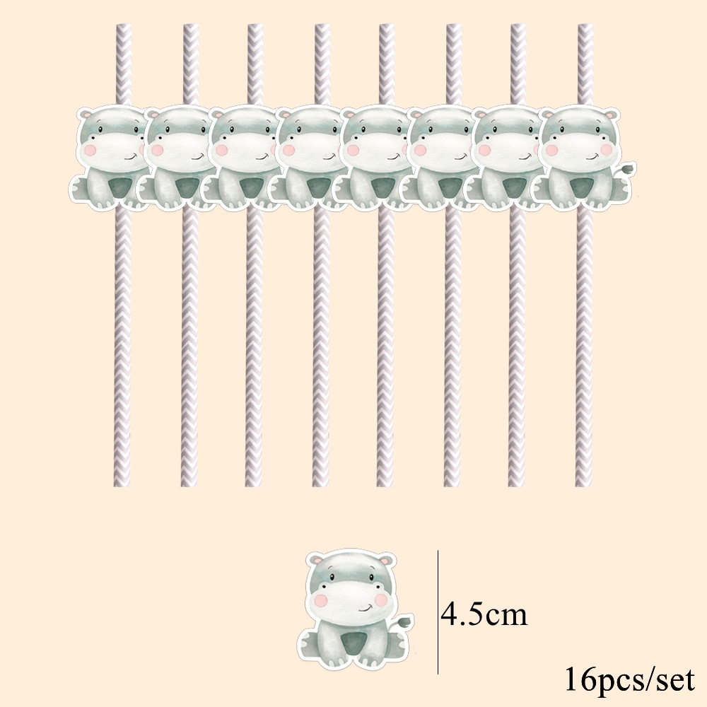 16pcs Carton Animal Straws Eco Striped Drinking Straws for Kids Jungle Safari Wild Animal Happy Birthday Party Decoration Supply: DARK GRAY