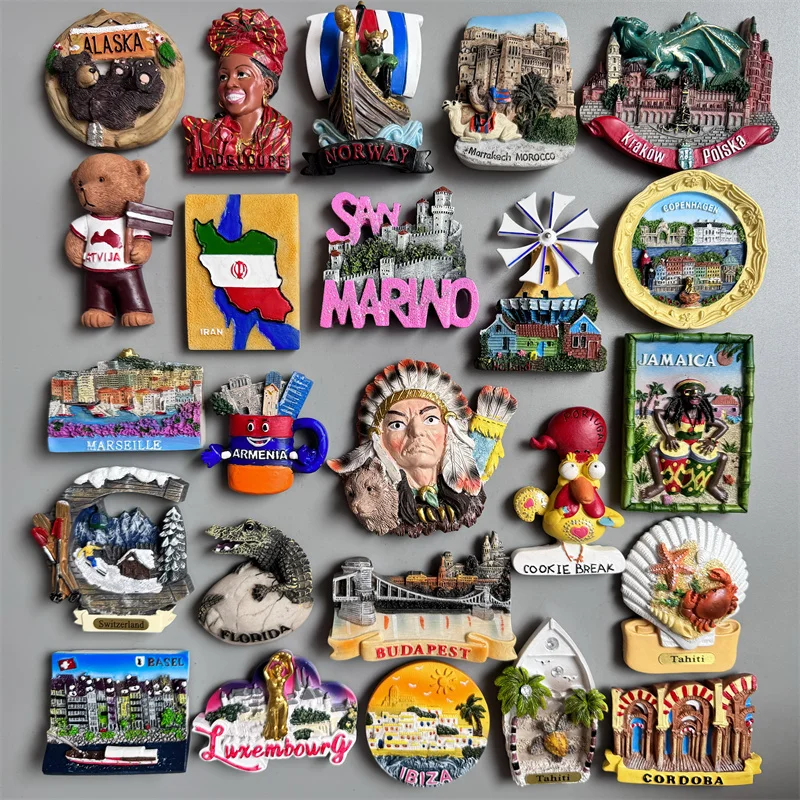 Fridge magnets Budapest Cordoba Tahiti Luxembourg Jamaica Portugal Indian Denmark Armenia Marseille Iran Morocco Norway Latvia