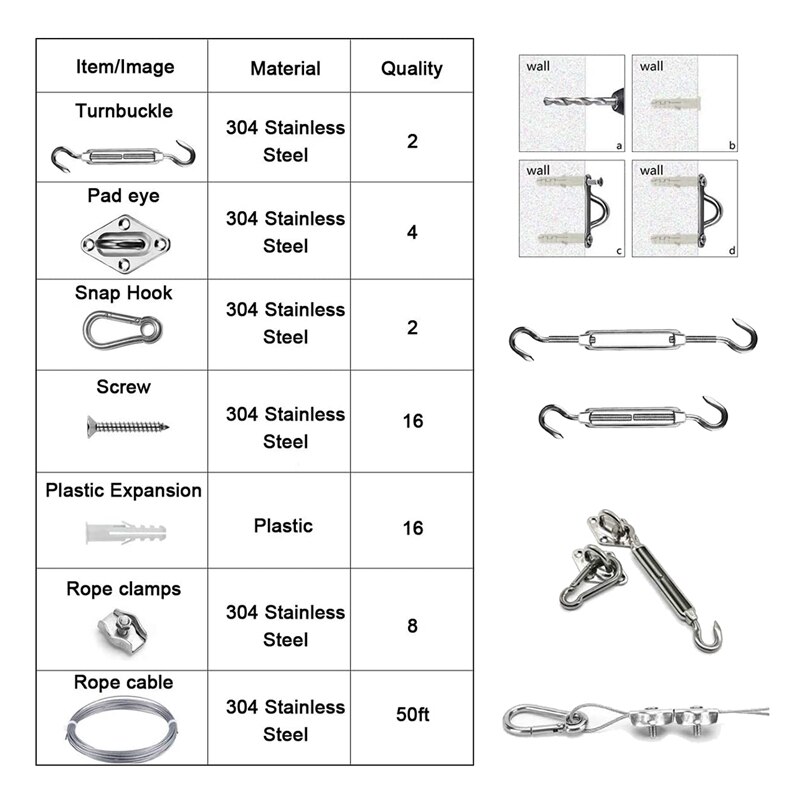 Sun Shade Hardware Kit for Rectangle and Square Sun Shade Sails Installation,Anti-Rust Shade Sail Hardware