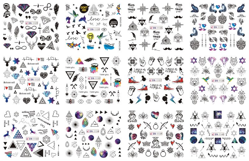 1 ark  (12 stk) klistremerke til spikeroverføringe påfugl og blomst og geometrisk... vannoverføringsklistremerke klistremerke gjør-det-selv-negletips pakke inn-klistremerke: Bn1129-1140