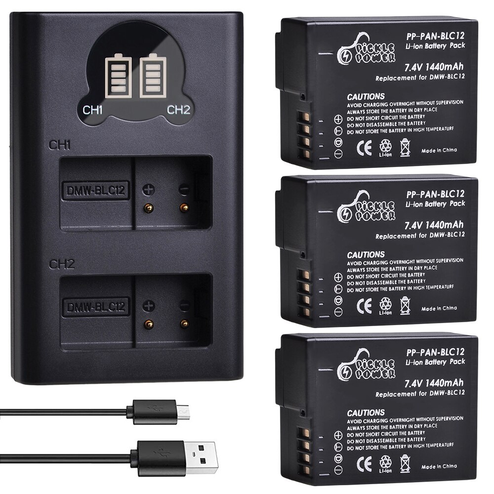 1440mAh DMW-BLC12PP BLC12E DMW-BLC12 Batteria & LED Dual Caricabatterie per Panasonic Lumix DMC DMC FZ1000 FZ200 FZ300 G85 G5 G6 g7 GH2 GX8.: Charger and 3Battery
