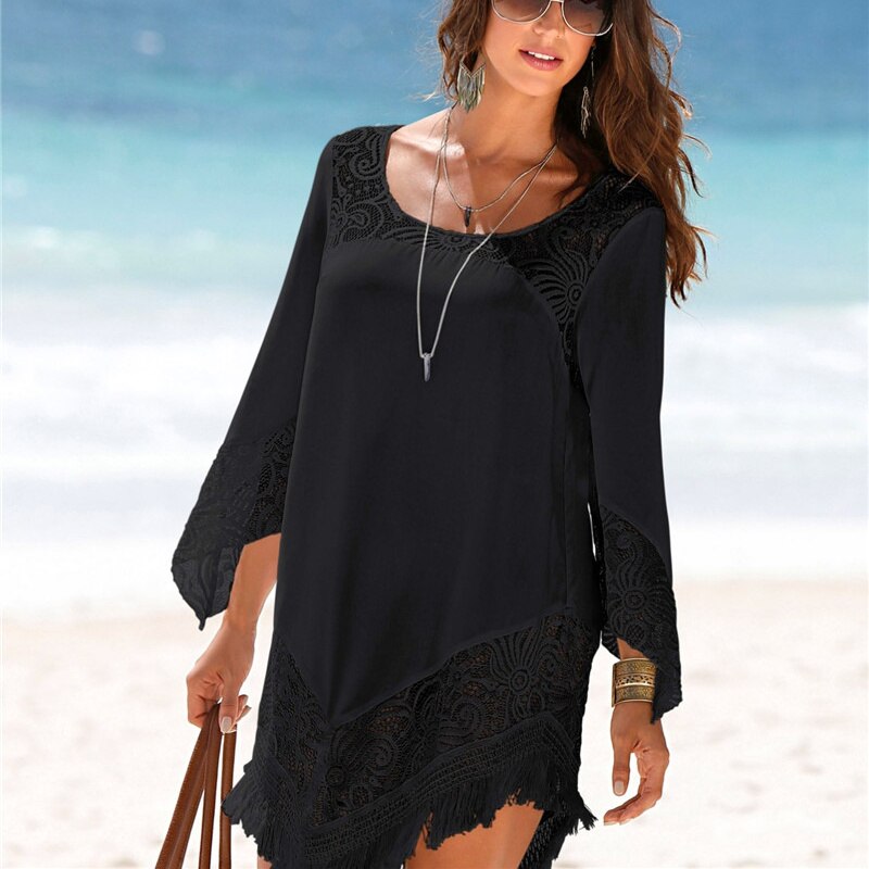 NODELAY Vrouwen Bikini Cover Up Kwasten Trim Strand Tuniek Jurk Wit Kant Splitsen Badmode Cover-Ups Anti-Uv kaftan Robe