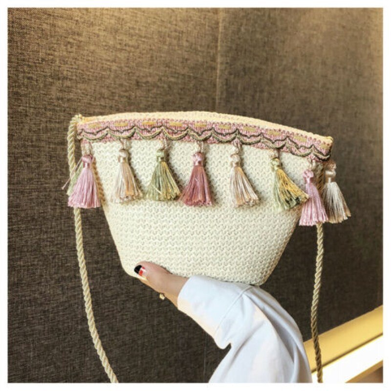 Bags For Women Newest Style Straw Bag Summer Beach Rattan Shoulder Bags Wicker Weave Handbag Crossbody: Khaki