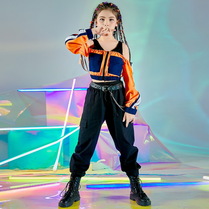 Ballroom Hip Hop Dance Costumes For Kids Long Sleeve Tops Black Loose Pants Girls Jazz Street Dance Wear Rave Clothes DN7178