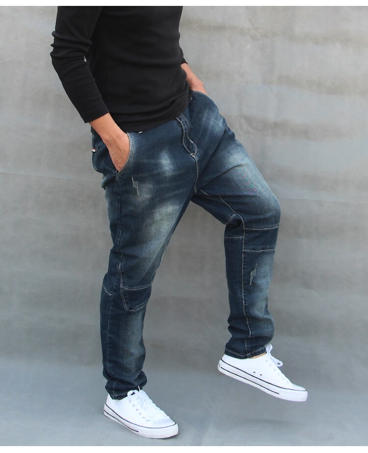 Plus size Male Low Crotch denim Harem Skateboard Pants Men baggy hanging crotch Joggers Men loose street dance jeans FSH10