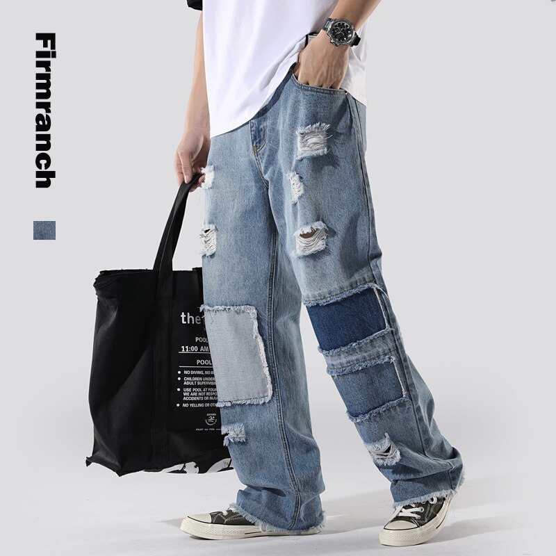 Firmranch Spring/Autumn Ripped Men's Jeans Loose Straight Do Old Patchwork Beggar Jeans Pants Hip-Hop Frilled Trousers