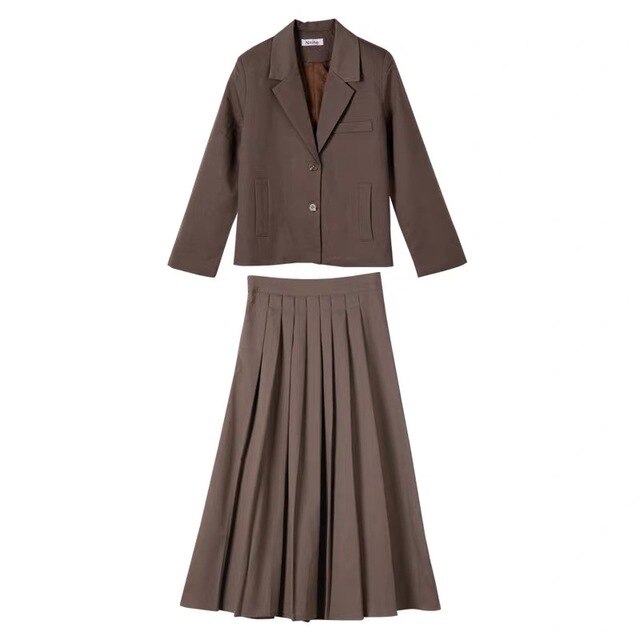 Alta qualidade outono coreano ol duas peças conjunto feminino casual blazer casaco + cordão saia plissada ternos senhoras 2 peça conjunto: coffee / XL
