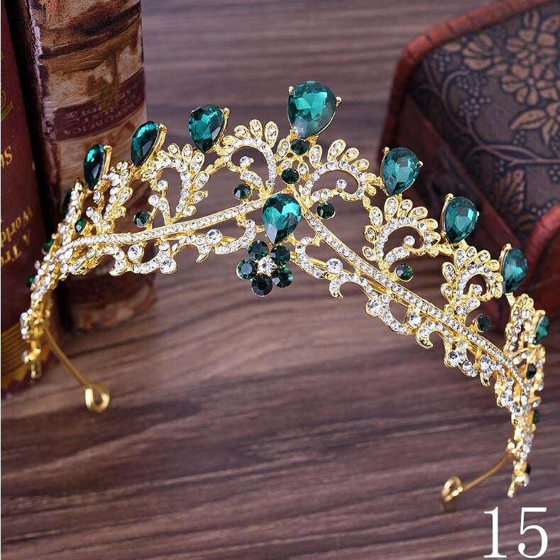 Women girls European Green Crystal Tiaras Vintage Rhinestone Pageant Crown Baroque Bridal Wedding Hair Jewelry Accessories: 15