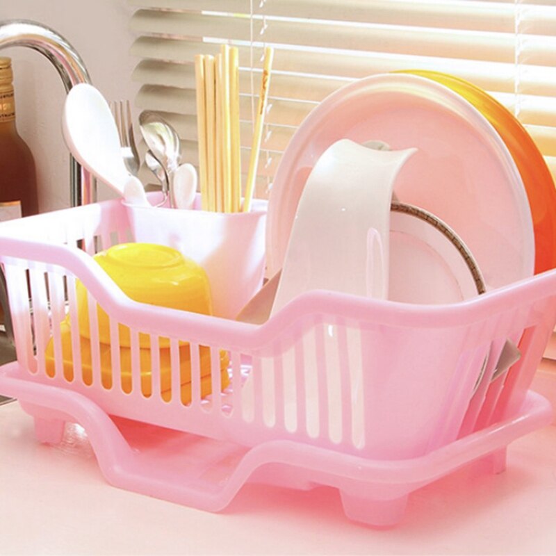 Environmental Plastic Kitchen Sink Dish Drainer Set Rack Washing Holder Basket Organizer Tray, Approx 17.5 x 9.5 x 7INCH (Pink)