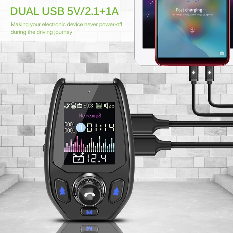 Onever Bluetooth 5.0 5V3.1A FM Transmitter Bluetooth Adapter Battery Voltage Double USB charger with Voice Prompts Modulator