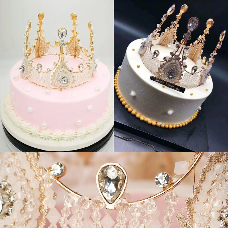 1PC Crystal Diamonds Pearl Crown Cake Toppers Baptism Birthday Wedding Cake Decoration Supplies Happy Birthday Hats Tiara