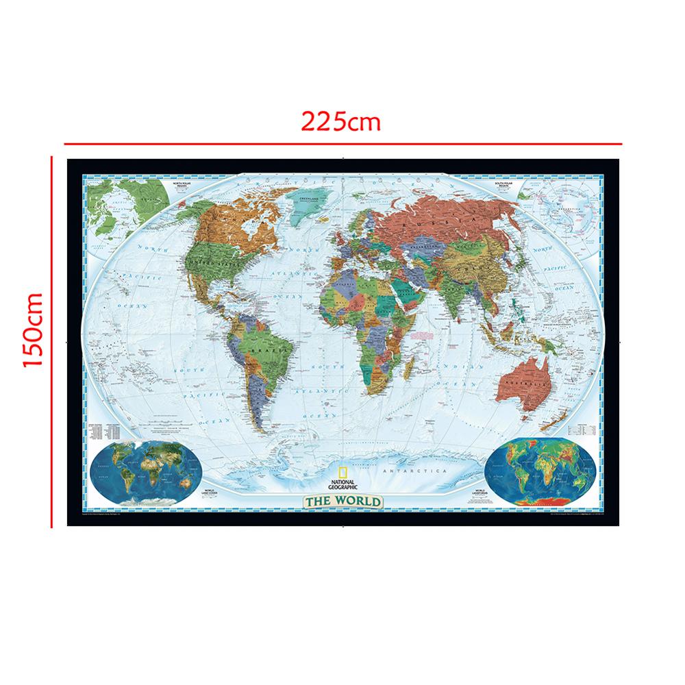 150 x 225cm verdens fysiske kort med verdens landdække og vandformer vandtæt verdenskort