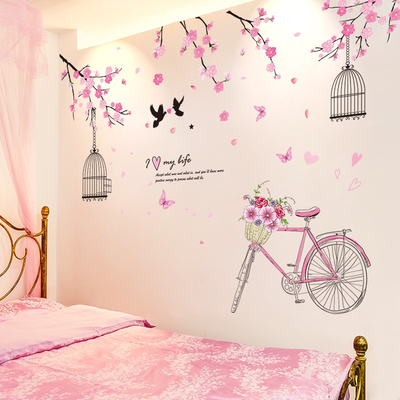 [Shijuehezi] Cherry Blossoms Muurstickers Diy Vogelkooi Fiets Bloemen Muurstickers Voor Huis Woonkamer Slaapkamer Decoratie
