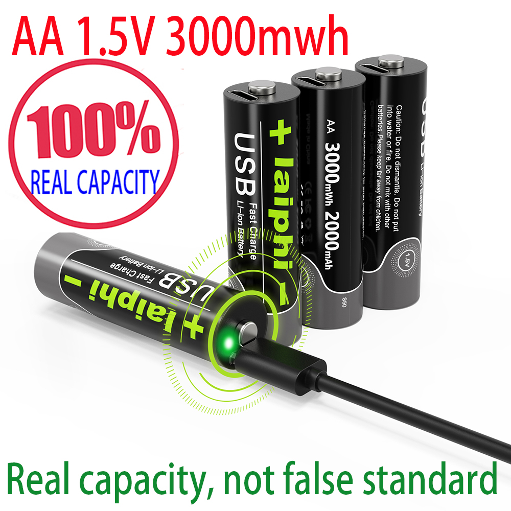 Laiphi-Batería de polímero de litio recargable por USB, Pila de li-ion de alta capacidad, AAA, 1,5 V, 1100mwh: laiphi 4AA 3000mwh