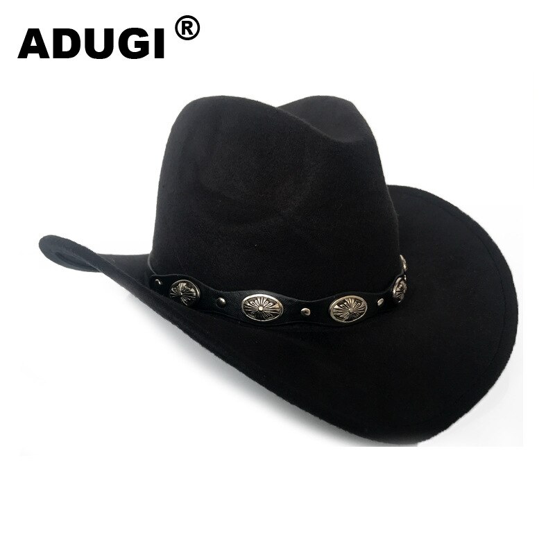 ADUGI punk styl kapelusz kowbojski jesienno-zimowy wełniany filcowy kapelusz mężczyźni i kobiety jazzowy kapelusz brytyjski pas metalowy retro kapelusz