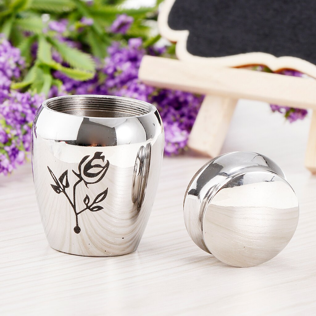 Stainless Steel Mini Urn Jar Funeral Cremation Container Rose Flower Pattern