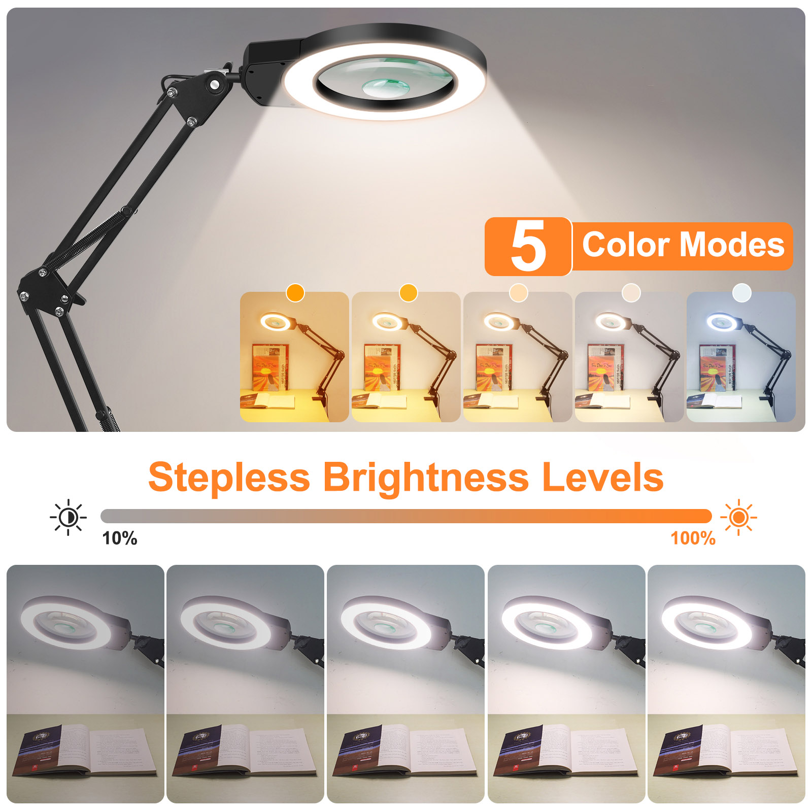 Lámpara de lupa de brazos oscilantes largos 5X/10X con luces LED de ajuste de 5 colores lámpara de mesa de lectura para reparación de soldadura trabajo cercano