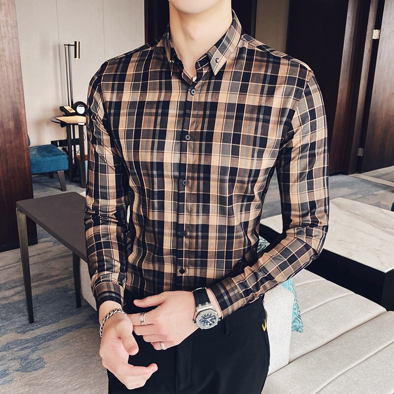 Lente geruite overhemden heren slank lange mouwen klassieke britse stijl casual formeel zakelijk overhemden heren jurk sociaal chemise homme