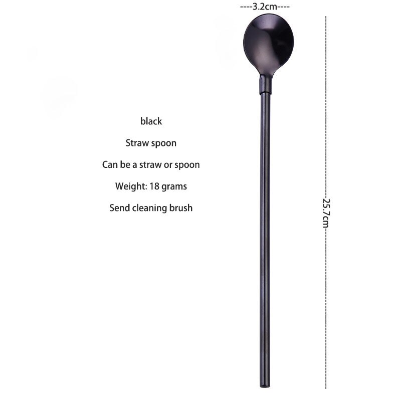 Stainless steel reusable western food straw spoon tableware dualuse dessert soup spoon cola drink straw ice spoon stirring spoon: 25.7cm black