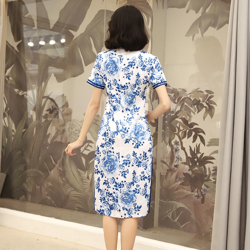 Sheng coco sininen ja valkoinen naisten cheongsam kiinalainen perinteinen mekko qipao 4xl plus koko naisten vaatteet