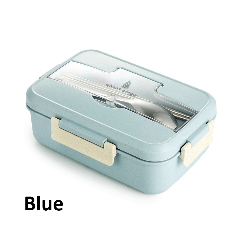 Fiambrera con cuchara, palillos, vajilla de paja de trigo, contenedor de almacenamiento de alimentos, caja Bento para microondas para escuela y oficina: Plata