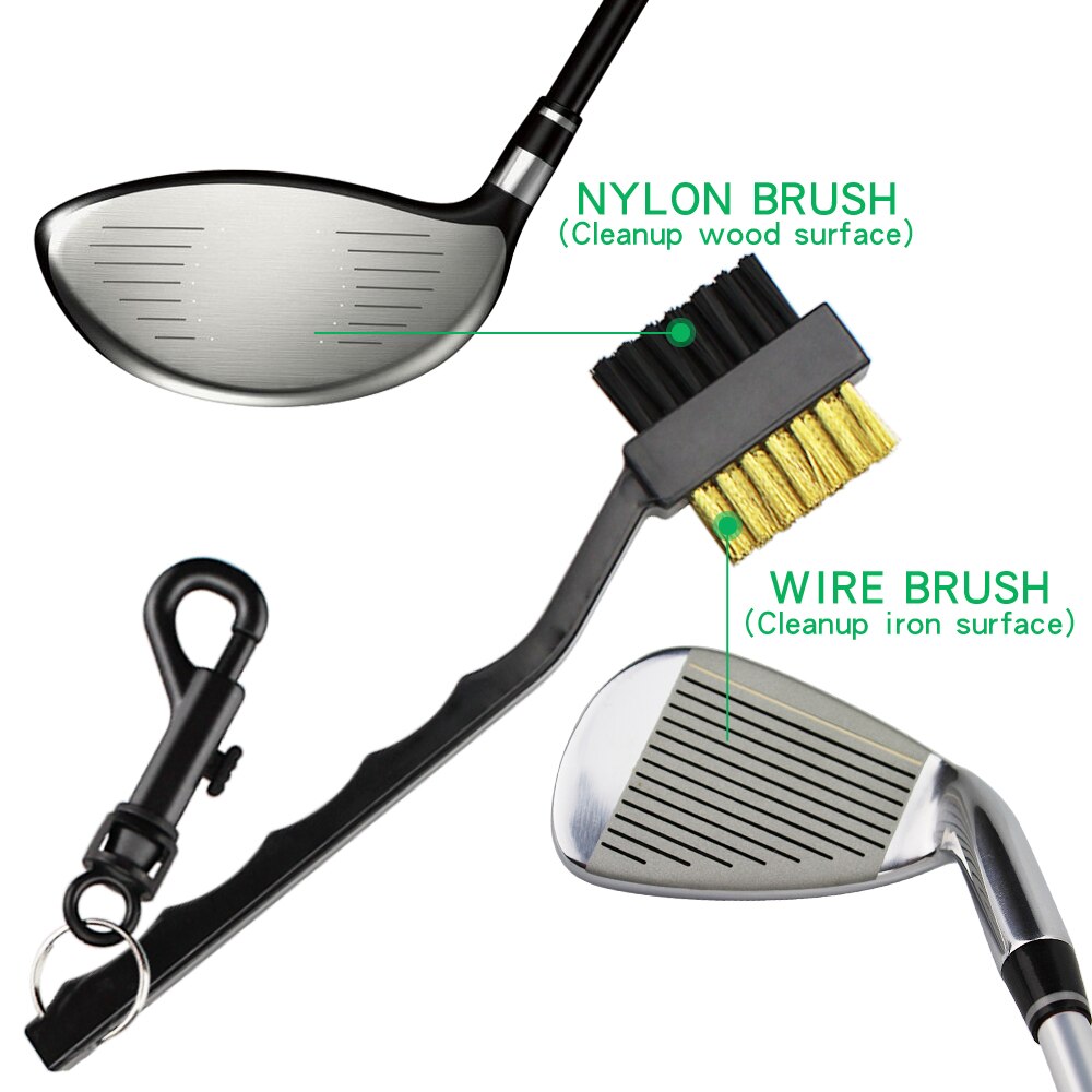 Golfbørste 2- sidet messingstråde nylon rengøringssæt med nøglering golfklub hoved rille rengøringsbørste