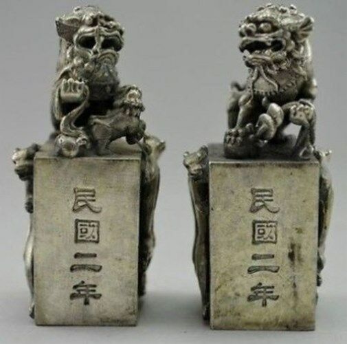 Chinese Fengshui Wit Koper Lion Seal Een Paar