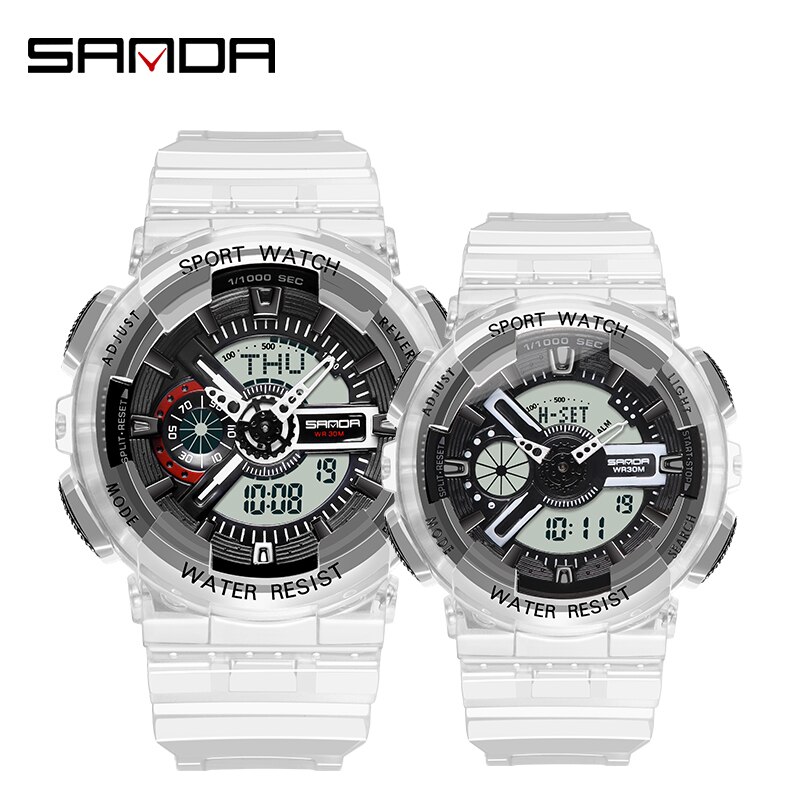 SANDA montre hommes et femmes montres transparentes étanche multi-fonction lumineux sport Double affichage Couple montre électronique: Couple Black