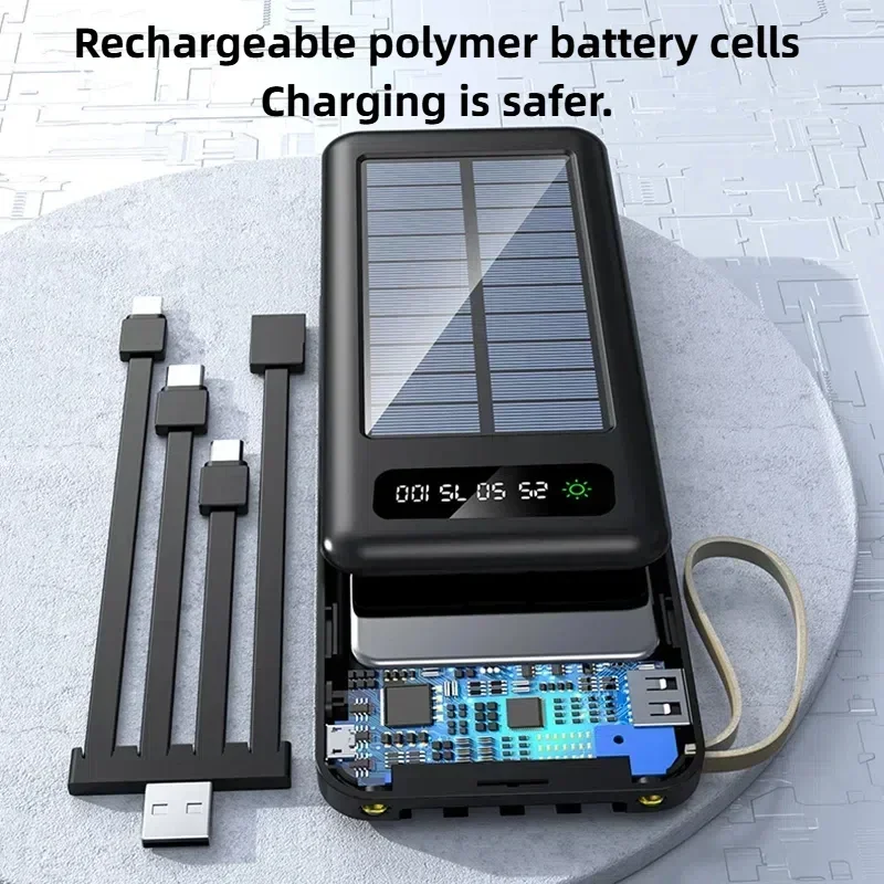 500000 mAh zonne-energiebank Snel opladen Powerbank Draagbare mobiele krachtzaklamp met hoge capaciteit Ingebouwde batterij met 4 kabels