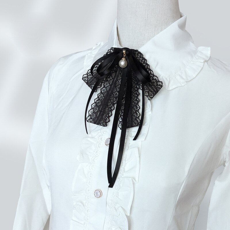 Pearl Bow Tie Brooch Black Fabric Lace Cravat Bow Necktie Pin and Brooches Shirt Dress Luxury Jewelry for Women Accessories