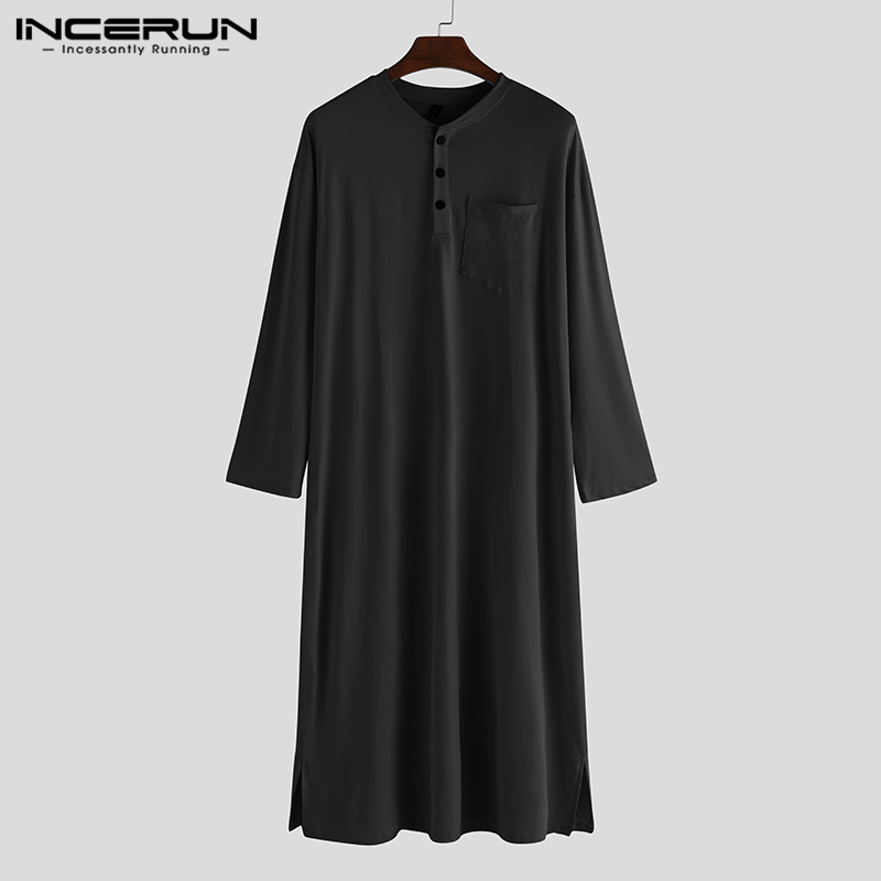 Incerun menn robes langermet pyjamas ensfarget fritid komfortabelt hjemmetøy o hals badekåper herre kaftan nattøy robes: Svart / S
