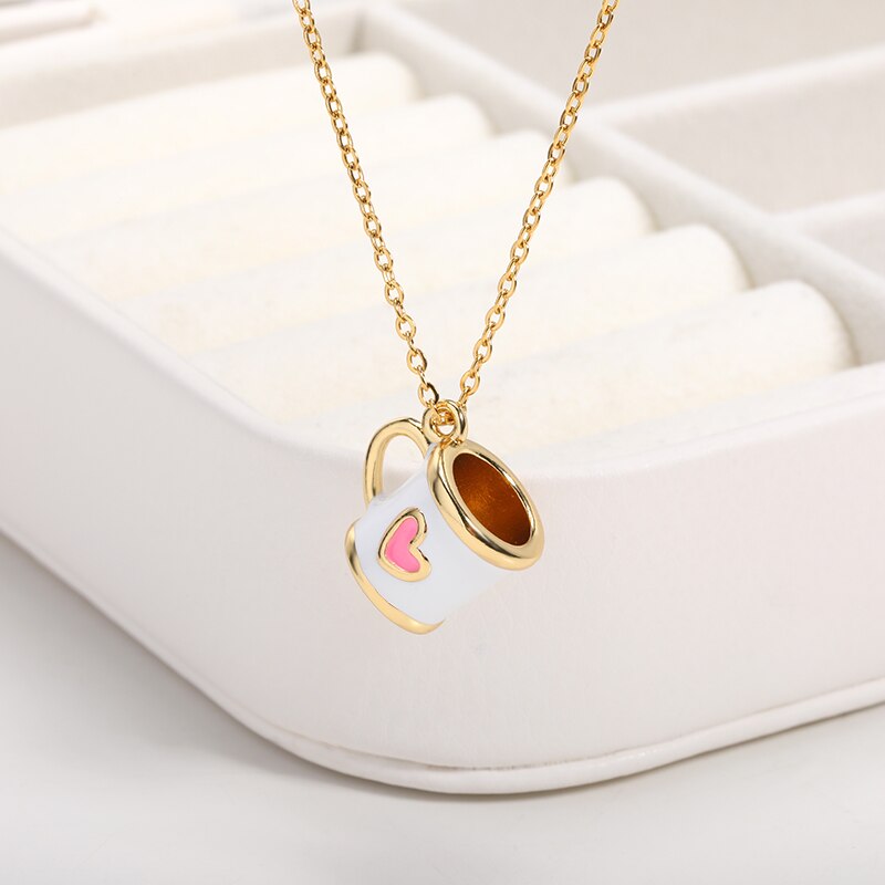 Nette Kleine Rosa Tasse Halskette Weißen Kragen Frauen Halskette Offizielle Schmuck Edelstahl Kette Halskette