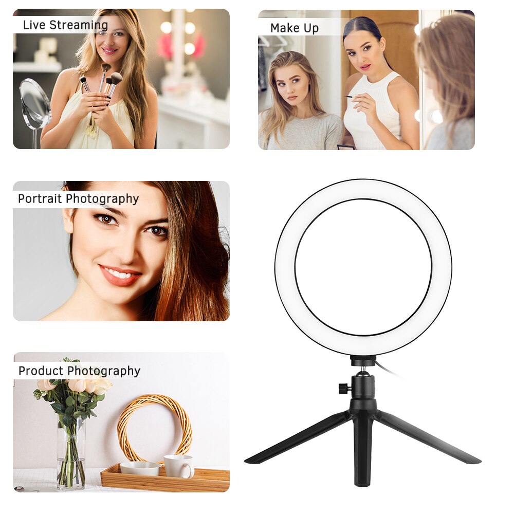 8 inch desktop led ringlamp 3200k-5500k dimbaar 3 lichtstanden 10 helderheidsniveaus met mini statief kogelkopadapter