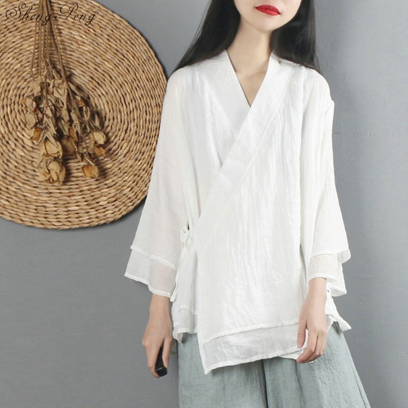 Nueva camisa de lino para mujer, top de estilo chino tradicional, blusas de lino de color sólido, ropa oriental V1475: 1