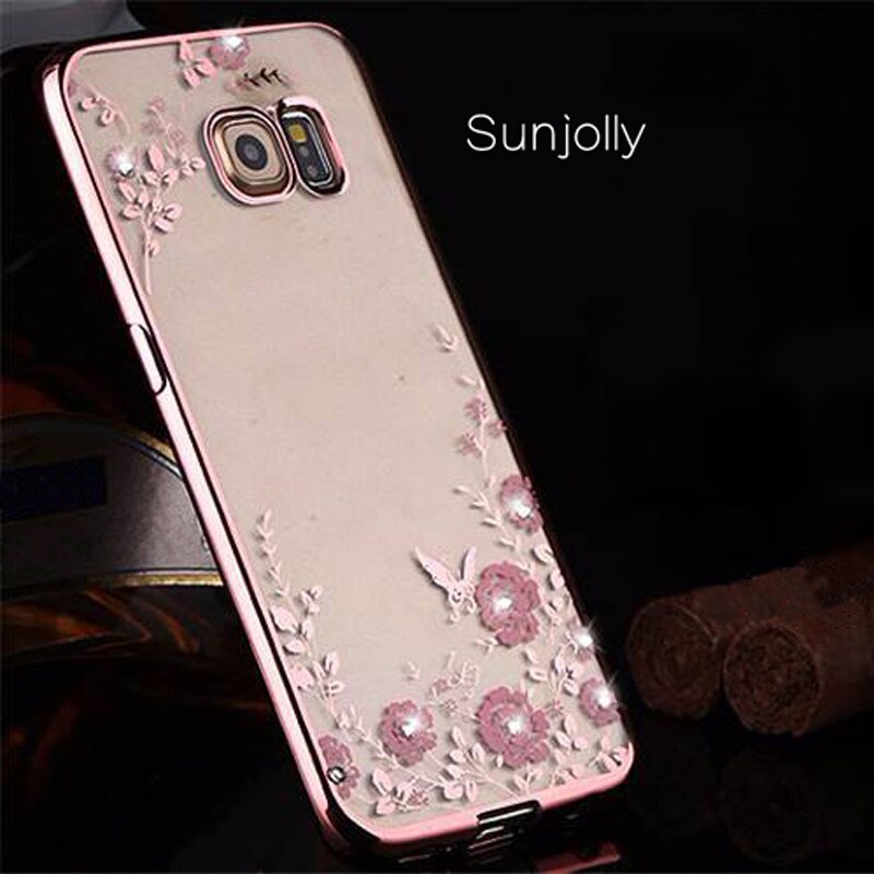 Sunjolly Flower Soft TPU Phone Case Rose Gold Bling Rhinestone Cover coque fundas for Samsung Galaxy A5 A7 J2 Pro J3 J4 J6