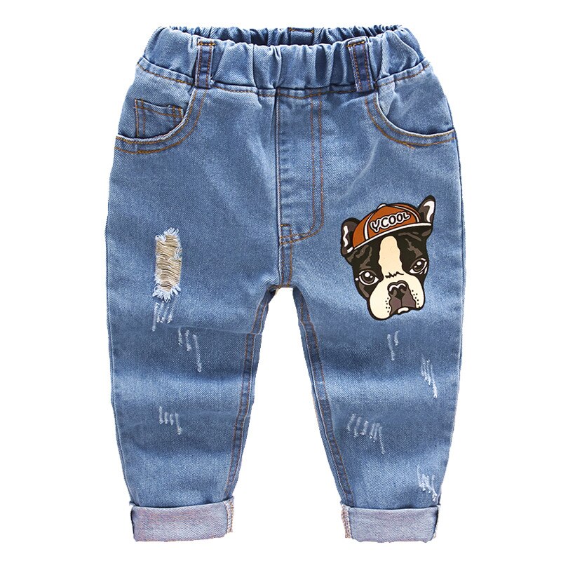 DIIMUU Kids Baby Clothing Boys Denim Pants Children Jeans Cute Cartoons Hole Elastic Waist Long Trousers